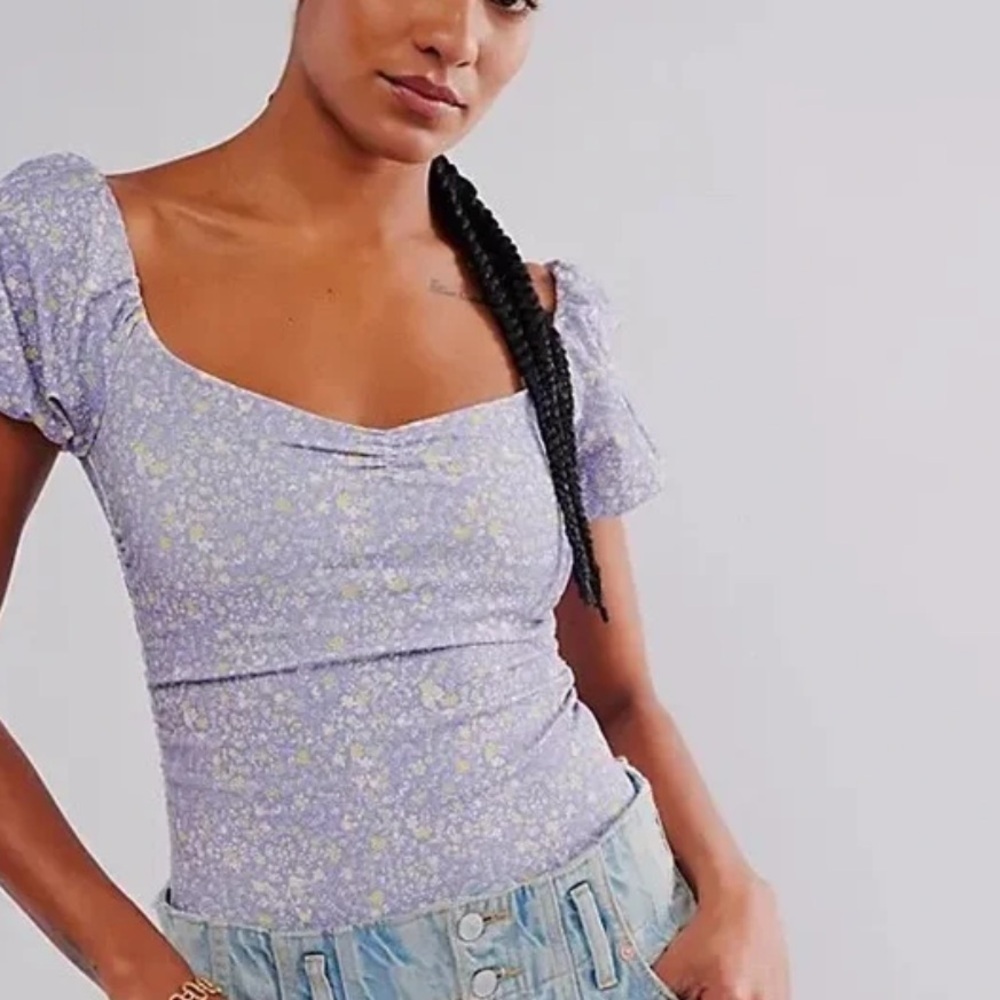 Free People bodysuit puff ruched shirt sleeve Bella chambray combo floral xL NeW - Picture 10 of 11